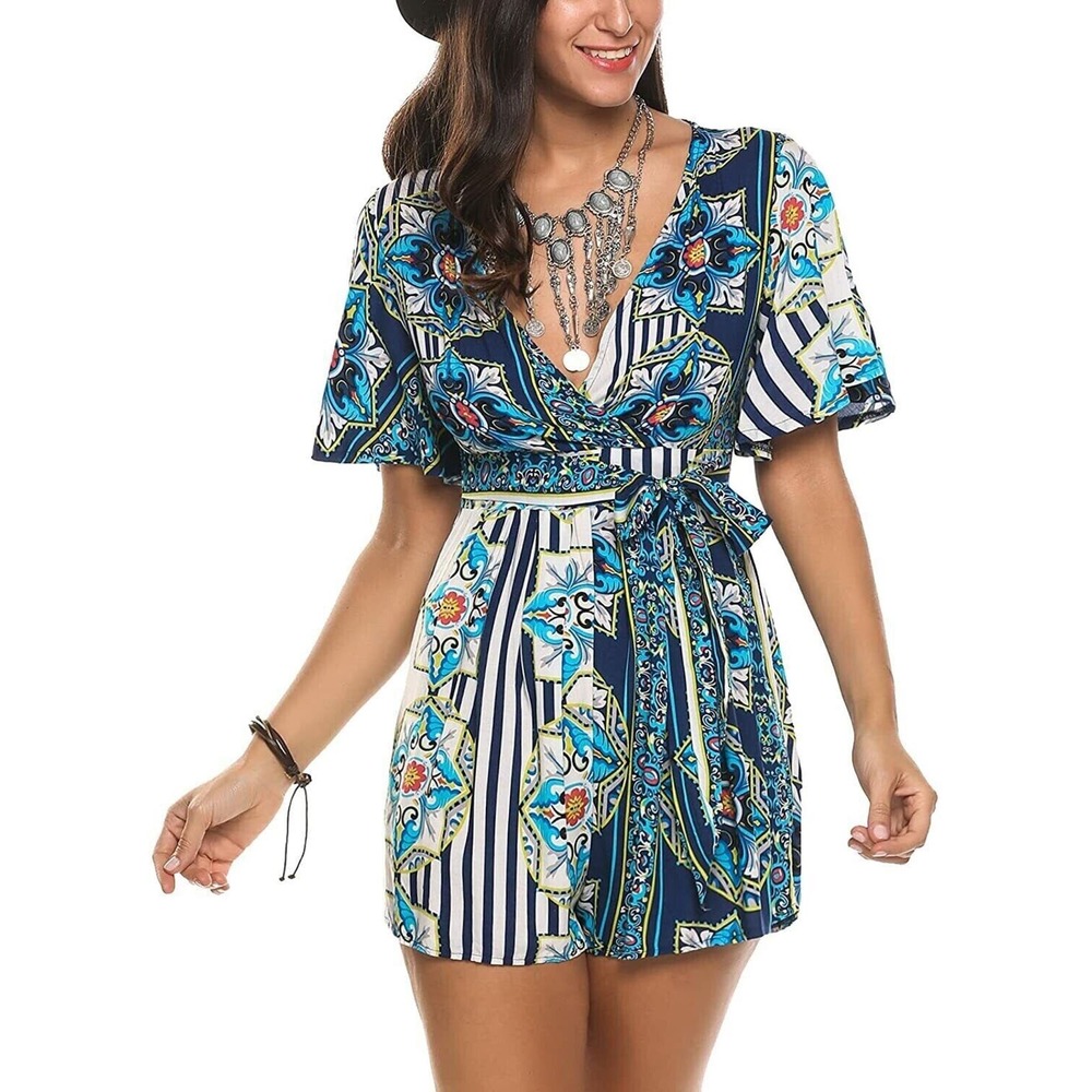 Measeor Women's Short Sleeve Colorful Romper w/ Tie Belt Lightweight Cotton Sz M